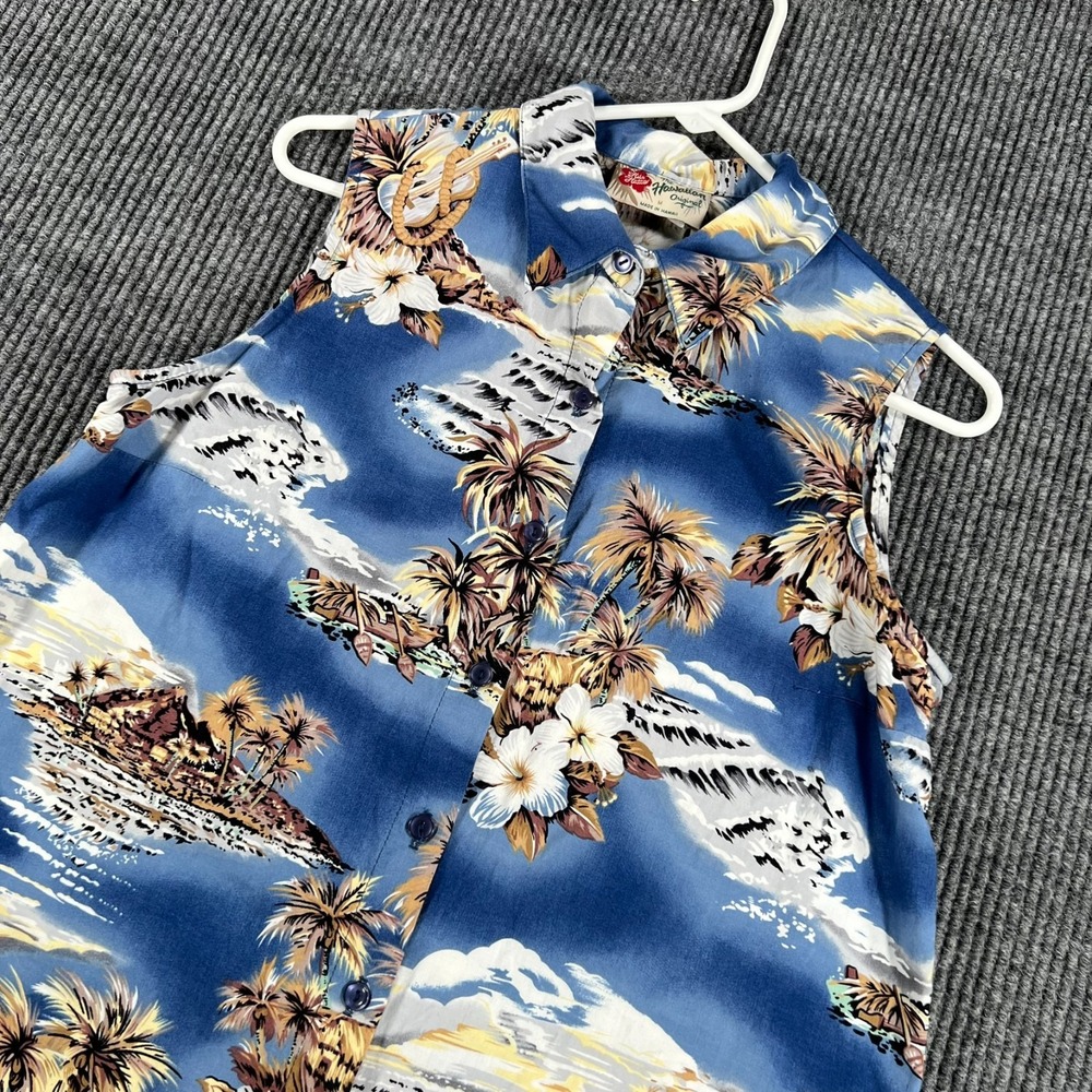 Hilo Hattie Hawaiian Shirt Womens Medium Blue Graphic Sleeveless Button Up